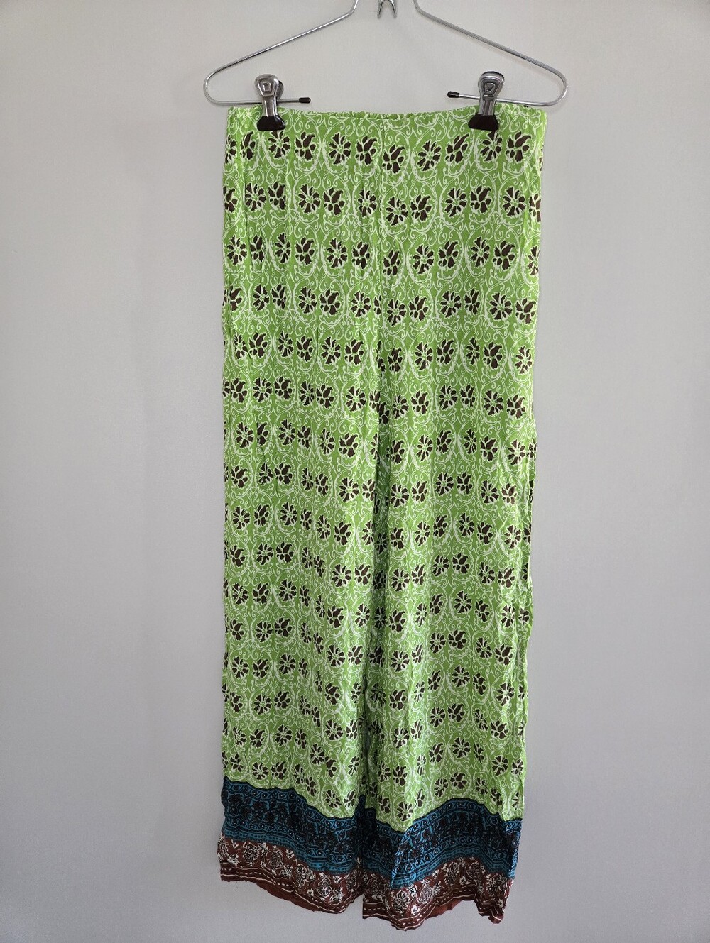 Zara Green & Brown Boho Printed Wide‑Leg Pants with Blue Hem -Lightweight
